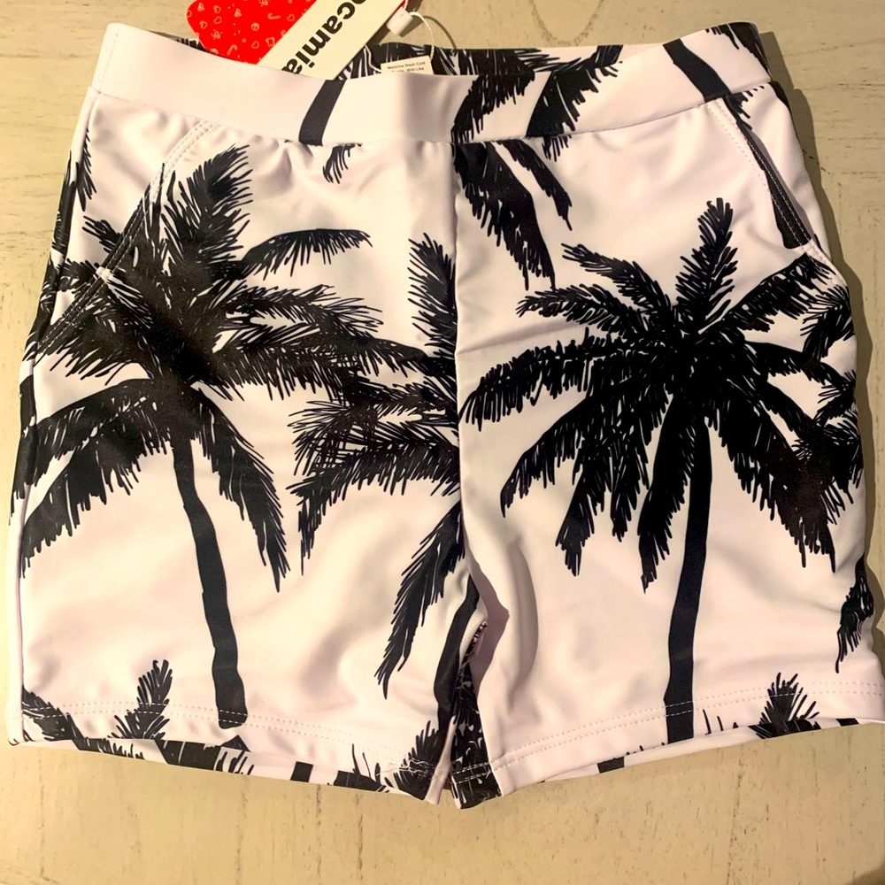 Kids Palm-Print Swim Trunks - White/Black